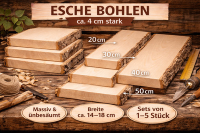 Esche Bohle 4 cm stark unbesäumt mit Rinde | 20 50cm Länge DIY Möbel Regale Deko