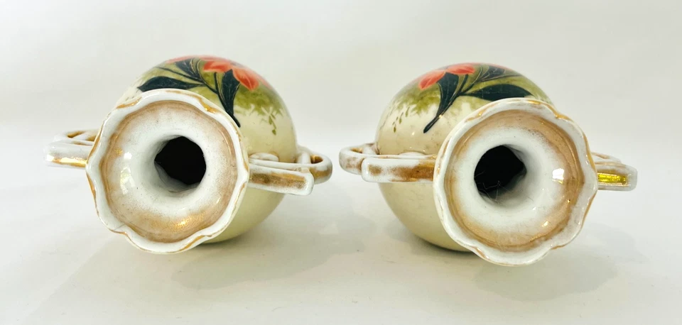 Jarrones de porcelana vintage - pintados a mano florales y pájaros - asas doradas Foto 4 de 4