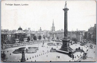 London antike Postkarte Trafalgar Square Nelson Säule England Löwen Busse