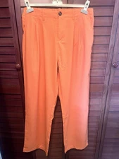 Orange Pleated Casual Pants with Button Closure