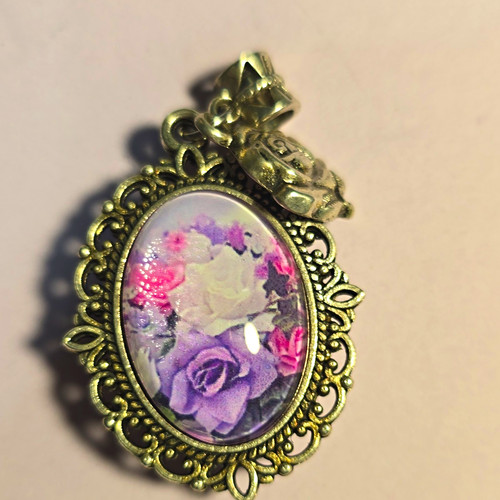 Silver Tone Oval Glass Cabochon Pendant Charm Purple Floral Bezel Set