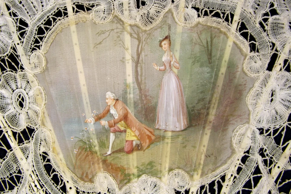 Antiguo abanico de nácar bobina de encaje pintado a mano seda Foto 4 de 4