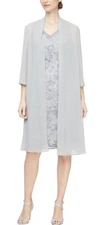 Alex Evenings Women's Short Embroidered Dress With Chiffon Jacket Size 10 Dove