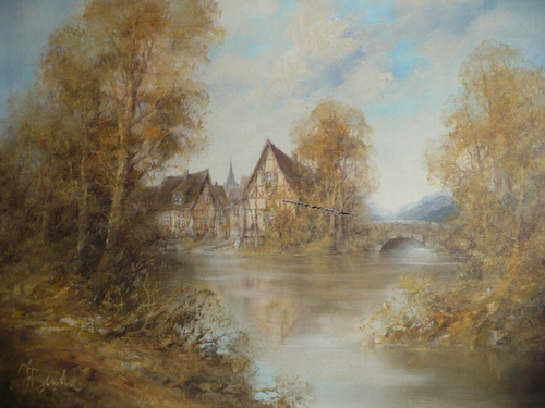 BENDA, SPRING ENGLAND TOWNSCAPE LANDSCAPE VINTAGE OIL CANVAS PAINTING SIGNED - 第 4/16 張圖片
