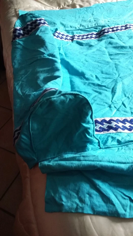 ANCIEN DESSUS LIT 90 TURQUOISE 1970 VINTAGE GALON PIECE TISSU TEXTILE DÉCORATION - Photo 2/4