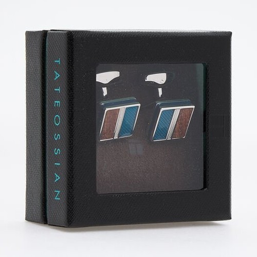 Tateossian Silver Tone Square Cufflinks with Sandalwood & Blue Enamel Resin I... - Picture 2 of 4