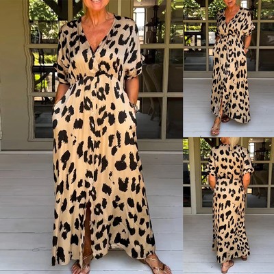 Übergröße Damen Leopard Maxikleid Reisekleid V-Neck Knopf Freizeitkleid A-Linie