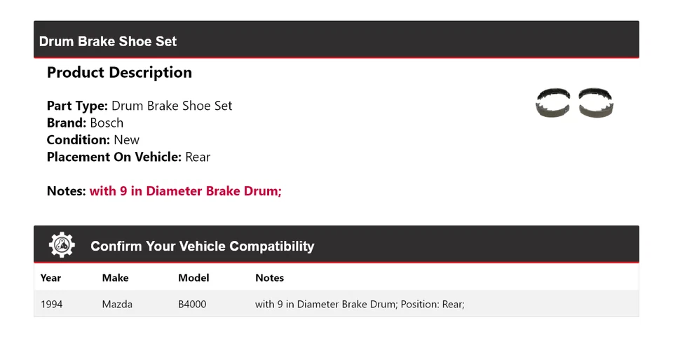 Juego de zapatas de freno de tambor traseras para Mazda B4000 Bosch 1994 Foto 2 de 4