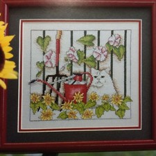 Morning Glory Cat counted cross stitch pattern leaflet, Aida & floss lot