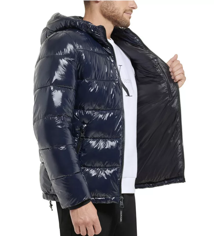 NWT! Calvin Klein High Shine Hooded Men’s Medium Puffer Jacket True Navy  Blue