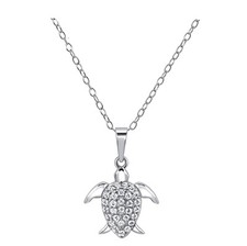 925 Sterling Silver Turtle Cz Pave Pendant Charm Necklace 16" 2" Ext Nickel Free