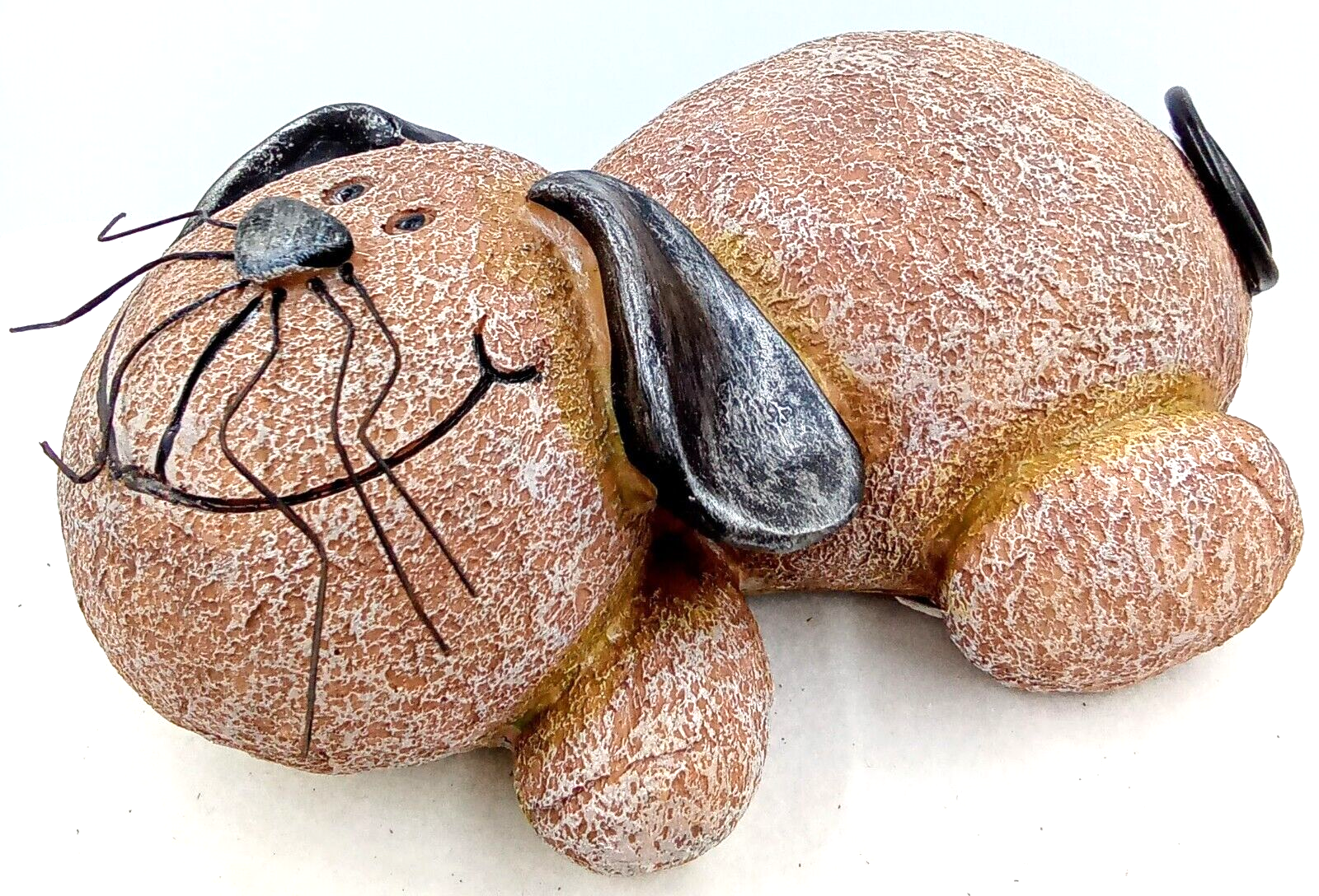 Dog Statute Figurine Resin Stone Brown Look Wire Whiskers Tail Eyes Smile 7.5