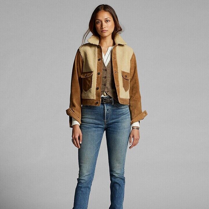 Women's Ralph Lauren RRL Roughout Suede Shearling Panel Grizzly Jacket New  $2900