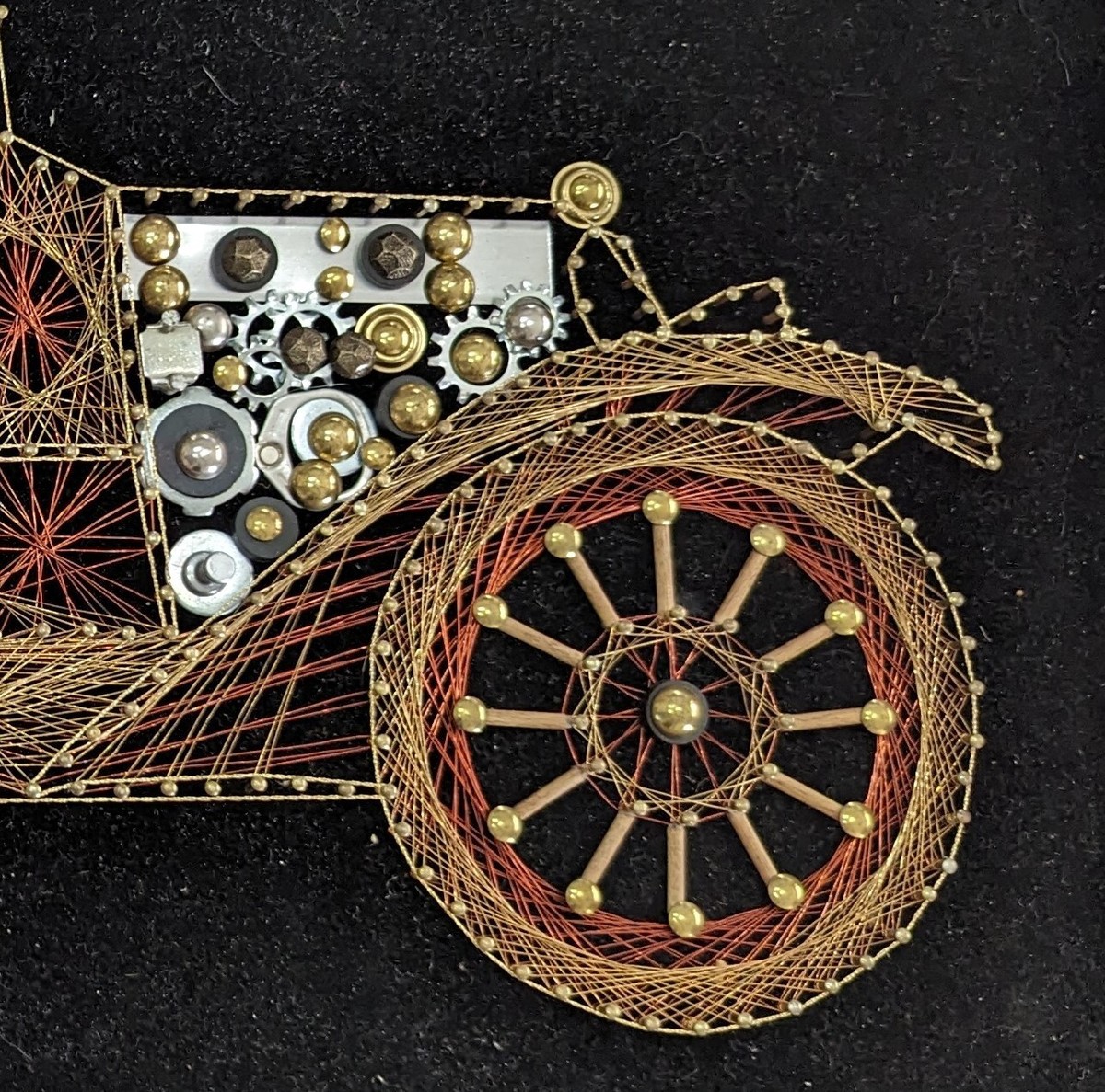 Vintage Wire Art Old Fashion Car On Black Velvet Completed