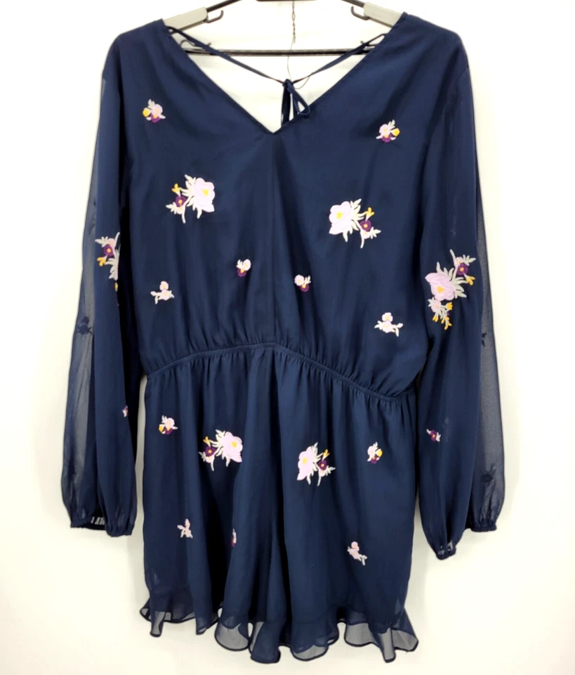 Arula Romper Womens A Large Blue Floral Embroidered Sheer Sleeve Ruffle Hem - Image 2 of 4