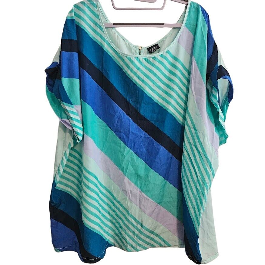 4X Cap sleeve mint blue striped short sleeve top with zipper back