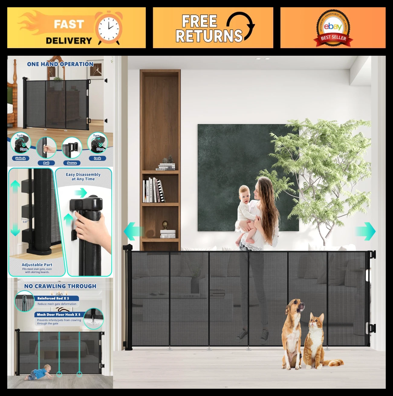 Extra Wide Retractable Baby Gate 149” x 41” - Mesh Dog Gate for Stairs & Doorway