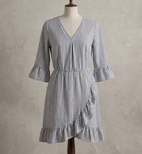 Striped Faux Wrap Ruffle Dress V-Neck L WHO WHAT WEAR Coastal Nautical Preppy