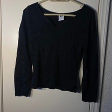 Ellemenno Womens Black Notched V-Neck Long Sleeve Knit Top Size L Made in USA