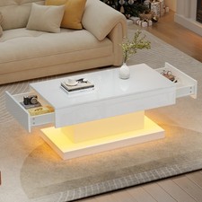 Rectangular LED Coffee Table High Gloss White Console Table w/ 2 Storage Drawers