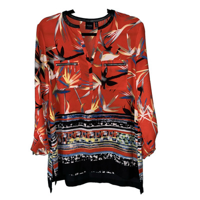 Rafaella Studio Tropical Print Blouse Long Sleeve Zip Pockets Size S/P/CH