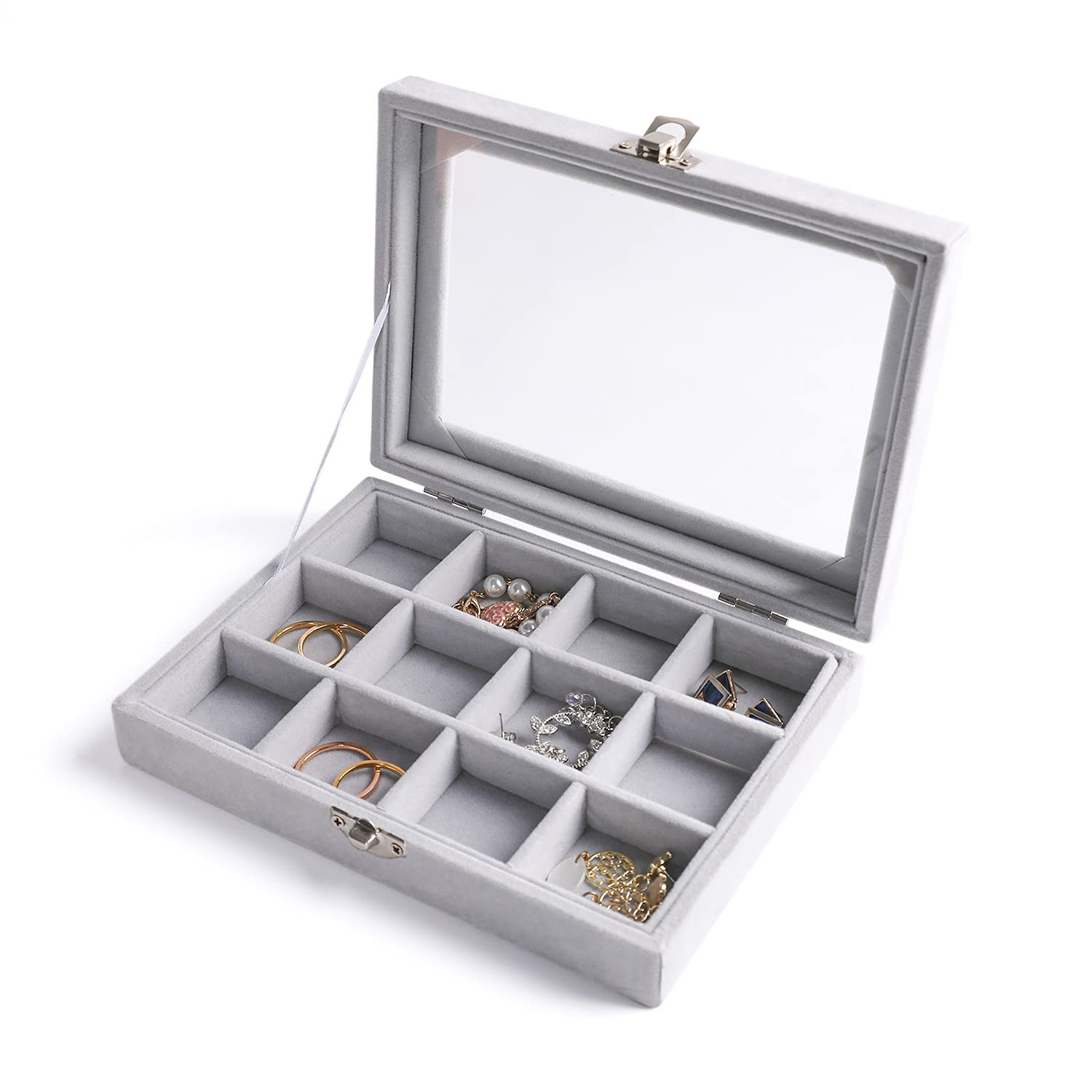 Jewelry Organizer Tray with Clear Lid,12 Grid Velvet Drawer Insert Jewelry St...