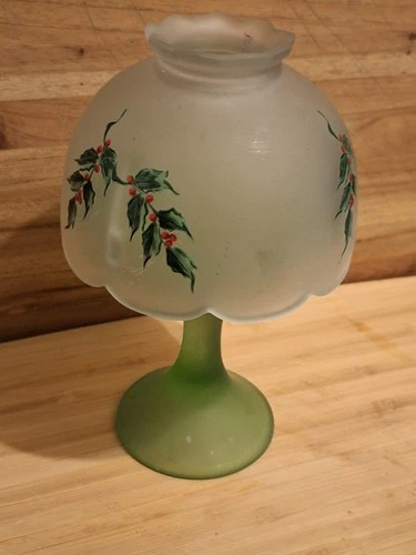 Vintage MCM Westmorland Crystal Satin Green Satin Base Fairy Lamp Painted Holly
