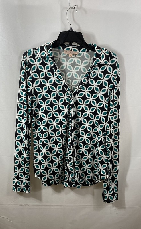 Philosophy Women's Teal Black White Geometric Petal Long Sleeve Blouse Sz L