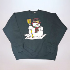 Vintage 90s Sweatshirt Christmas Snowman Long Sleeve Dark Green Sweater Size XL