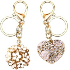 2 Pieces Flower Ball Keychain, Sweet Love Heart Rose Crystal Keyring, Women, Set
