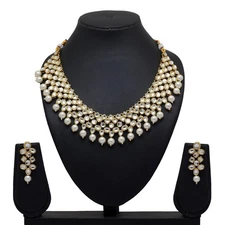Kundan Pearl Beaded Jewellery Set Gold Plated White Indian Necklace Earrings