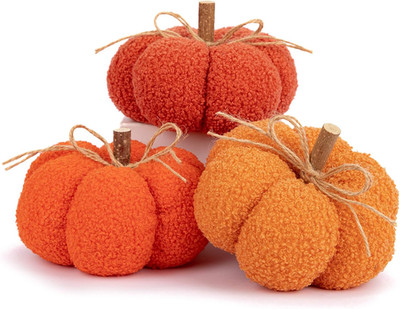6'' Fake Fall Pumpkin Decorations for Home, 3 Pcs Artificial Big Fabric Pumpkins