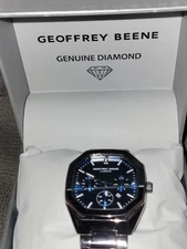 Geoffrey Beene Mens Octogon Gunmetal Blue Face Link Watch