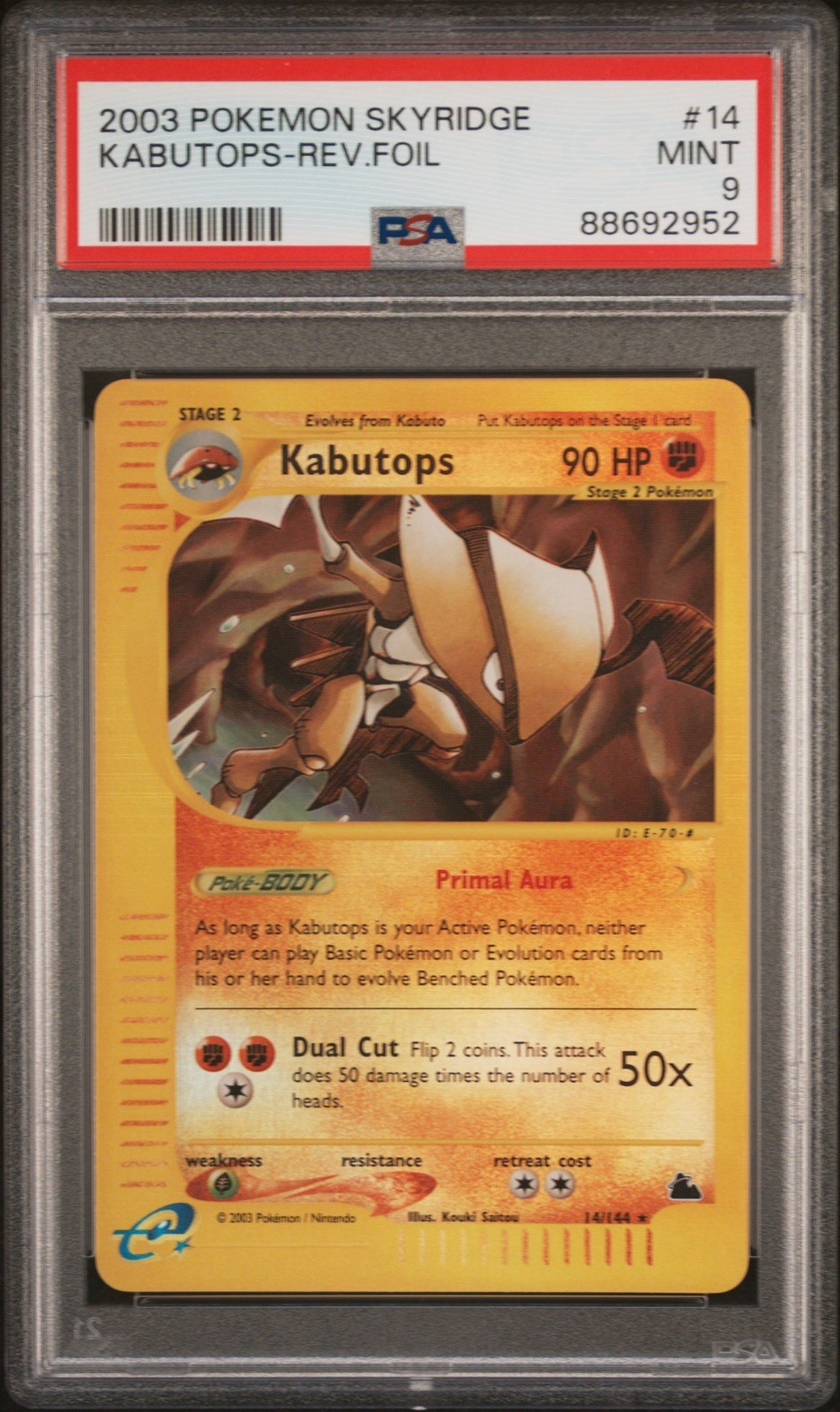 2003 POKEMON SKYRIDGE #14 KABUTOPS-REVERSE FOIL PSA 9