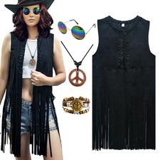 60s 70s Outfits Women Hippie Costume Fringe Vest Faux Suede Tassel Headband