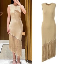 Tassel edge round neck knitted dress sleeveless fashionable wrap around long ski