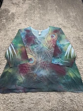 Catherines Top Women 5X Artsy Watercolor Tie Dye Feather 3/4 Sleeve Tunic