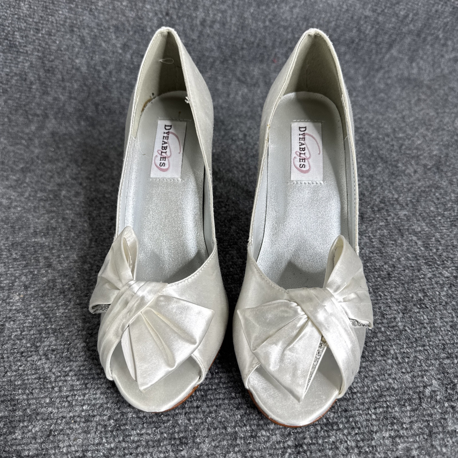 Dyeables Women's Liv Open-Toe Pump, White Satin Size 8.5 B High Heels