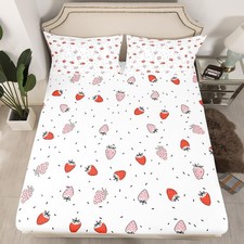 Girls Strawberry Fitted Sheet Kids Pink Cute Fruit Print Bedding Set for Kids...