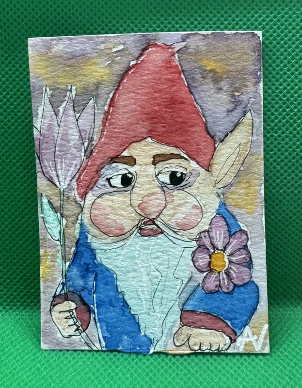 Original Handmade Signed ACEO  watercolor and Ink gnome. Camblch. OOAK art