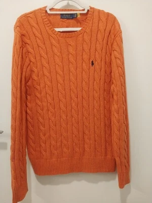 Vintage Pumpkin Orange Polo Ralph Lauren Cable Knit Sweater Mens Medium