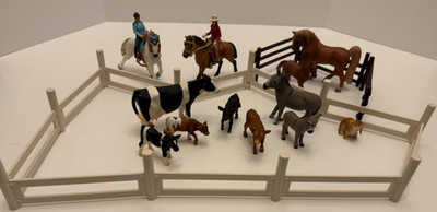 Schleich LOT 20+  Farm Animals, 2 Fences, 2 Women Riders, 2 Horses, Saddles MINT