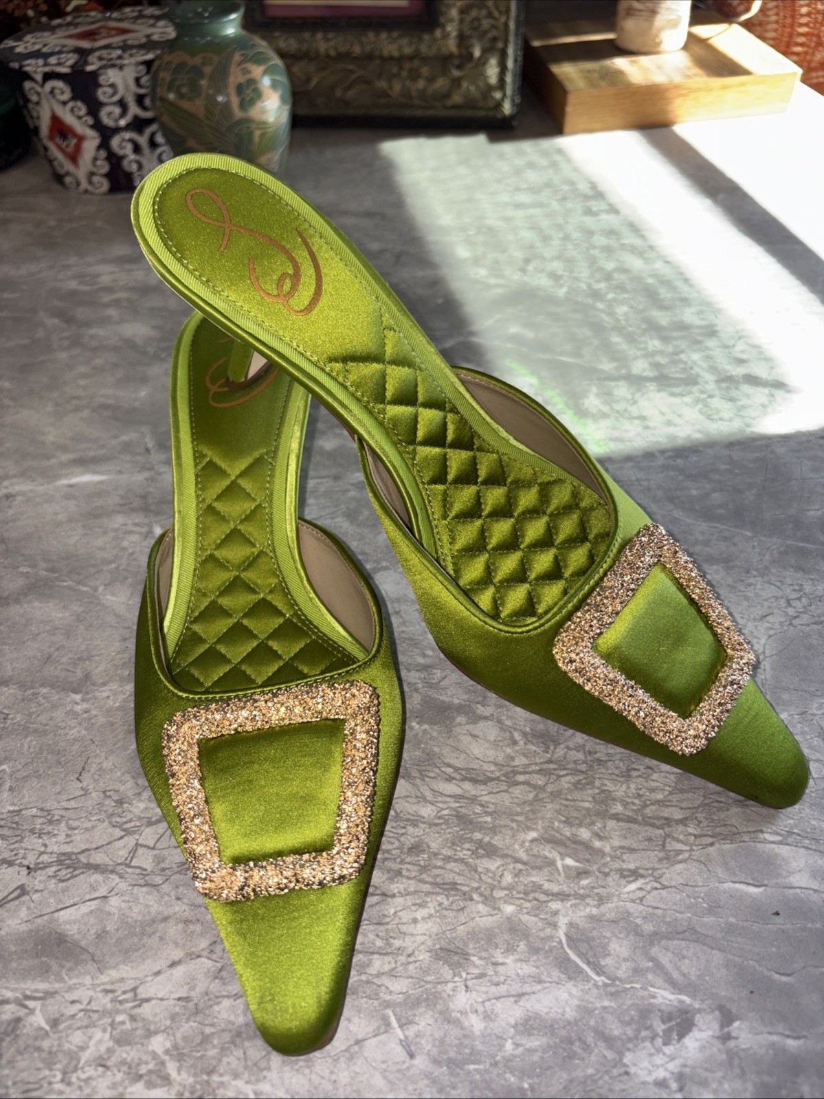 Sam Edelman Brit Glow Lime Green Satin Kitten Heel Mule Size 6.5