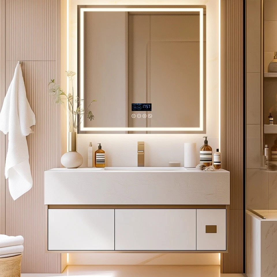 Espejo de baño cuadrado con iluminación LED Bluetooth espejo de tocador regulable antiniebla HD Foto 4 de 4