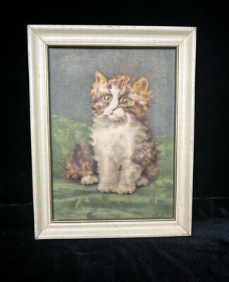 Vintage Cat 3D Picture Kitten 1940 s Artist D Merlin 7  W x 9  H w/ Frame  