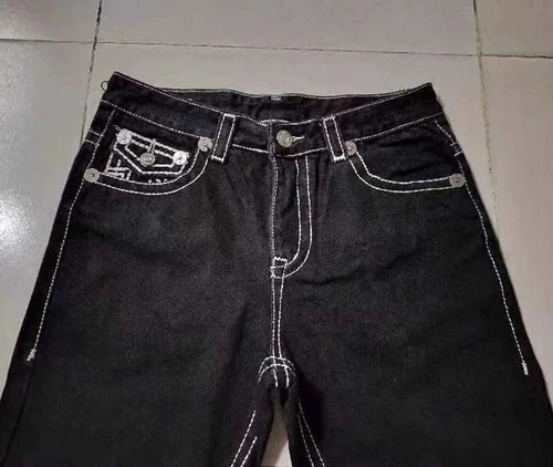 Jeans marca high street fashion americana con filo spesso bianco e grande Buddha - Foto 14 di 19