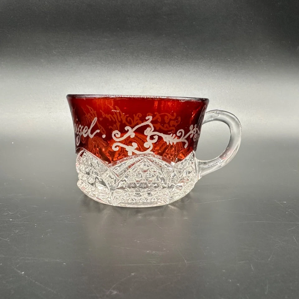 Antique Ruby Red Flash Glass Cup Souvenir Etched Mug EAPG Vintage Mrs Fiegel - Image 2 of 4