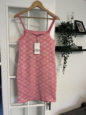ZARA Dress M DIAMOND PATTERN KNIT DRESS PINK | Size Medium NEW WITH TAGS
