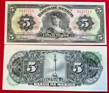 1963 Mexico 5 Pesos GYPSY UNC Mexican banknotes Billete Cinco Sin Circular CRISP