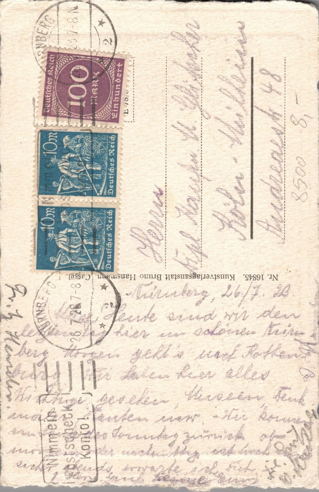 AK Nürnberg, Vestner Tor, Marken 100 Mark, 10 m Ernte 1922? Stempel  (Nr. 2099) - Bild 2 von 2